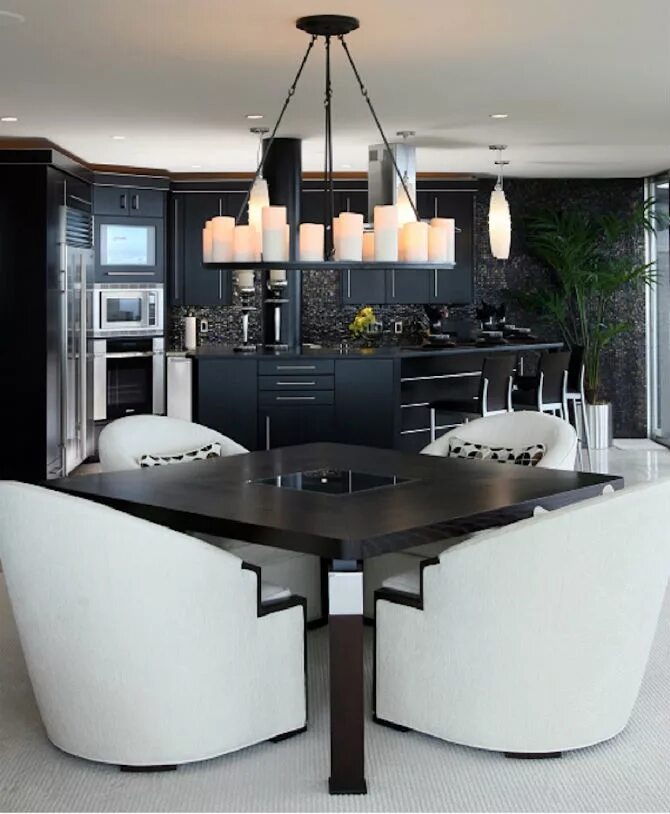 Дизайн черного стола. Modern dining room. Современный интерьер кабинета. Черные стулья в интерьере. Стол стеклянный круглый черный.