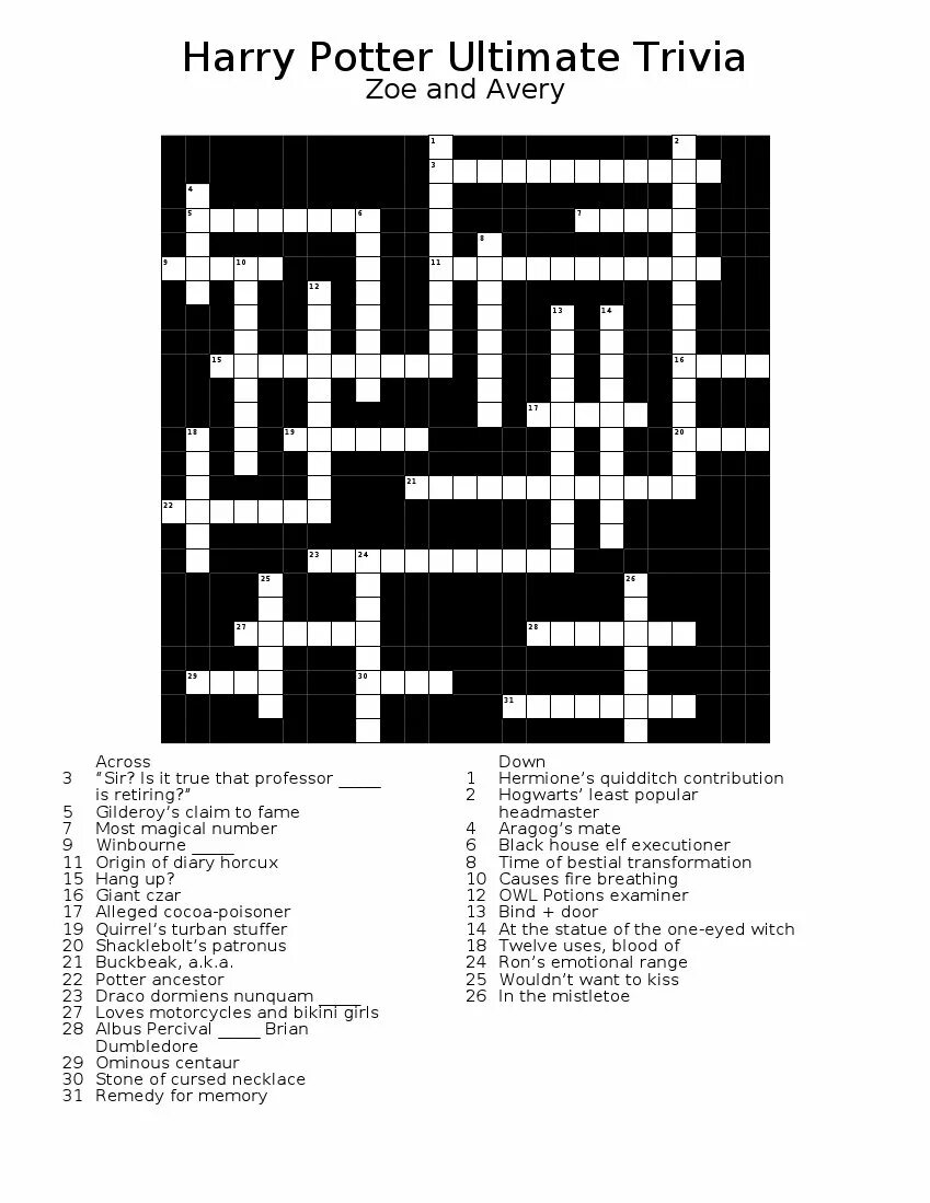 Harry Potter crossword Puzzle.