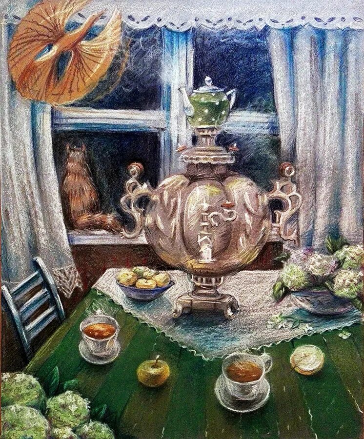 Картины художников чаепитие. Картина Светланы Бердник чаепитие. Вечернее чаепитие. Чаепитие иллюстрация. Сказочное чаепитие.