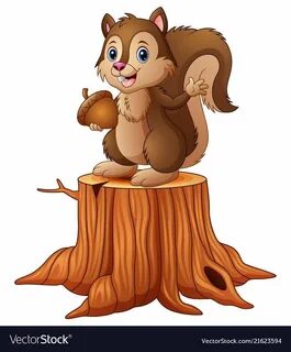 Cartoon squirrel standing on tree stump holding an# cartoon #holding.