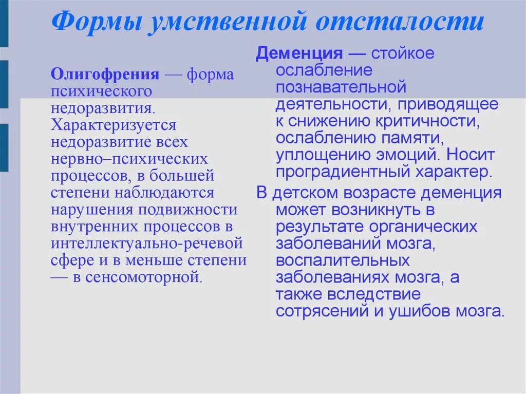 Формы умственной отсталости. Основные формы олигофрении. Основные формы умственной отсталости. Основные клинические формы умственной отсталости. Характеристика деменции