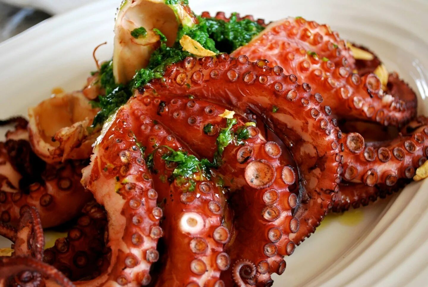 Мясо осьминога. Осьминог. Экзотические блюда. Жареный осьминог. Красивые блюда.