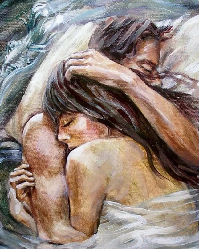 Объятия. Снится обнимать любимого человека. Постель ночью. Снится обнимать любимого человека. Пара спит.