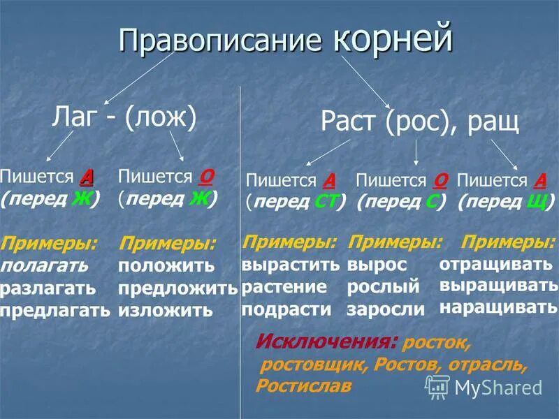 Правописание гласных в корнях с чередованием рос/раст/ращ; лаг/лож.