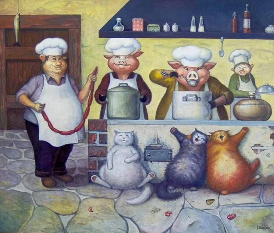 Cat cook. Художник Ron Rophar. Прикольные картины на кухню. Коты повара. Смешные картины художников.