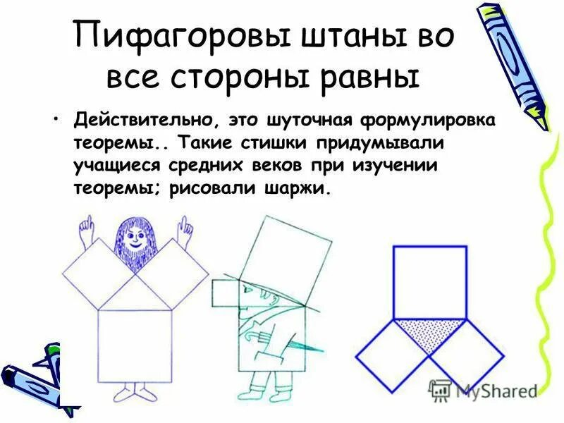 Пифагоровы штаны на все стороны равны что. Теорема Пифагора 8 класс Пифагоровы штаны. Теорема Пифагора штаны. Пифагор в пифагоровых штанах. Пифагоровы штаны доказательство теоремы.