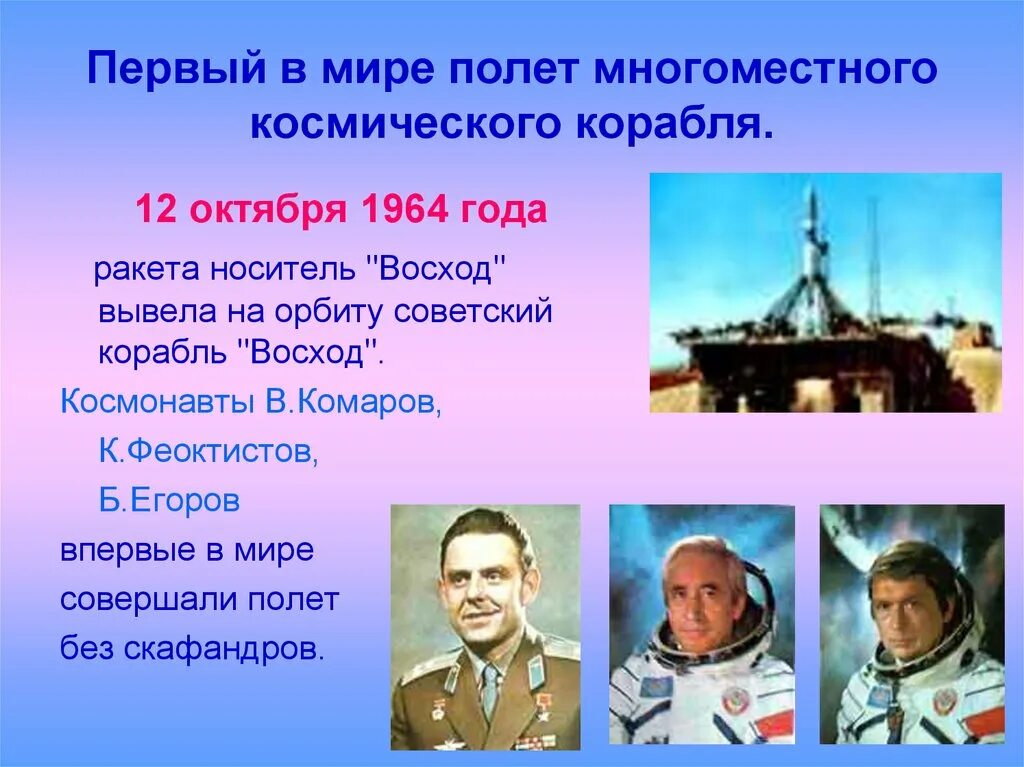 Кто совершил 1 полет. Первый в мире многоместный космический корабль восход-1. комаров феоктистов егоров восход 1964. первый полет многоместного космического корабля. 1964 полет первого многоместного космического корабля.