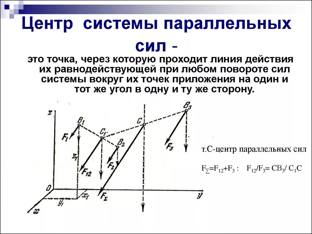 Дать определение системы силы. Центр системы параллельных сил. Центр параллельных сил техническая механика. Центр системы параллельных сил теоретическая механика. Радиус вектор центра параллельных сил формула.