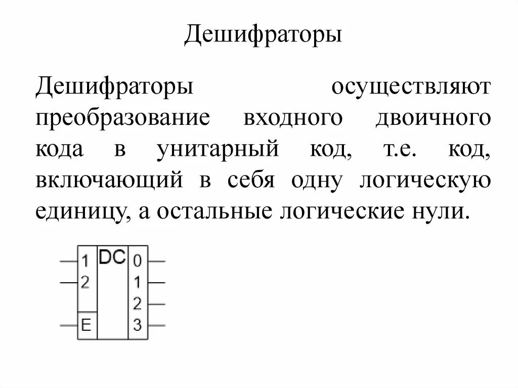 Двоичный дешифратор. Дешифратор на логических элементах. Дешифратор осуществляет преобразование. Унитарный код. Найти дешифратор