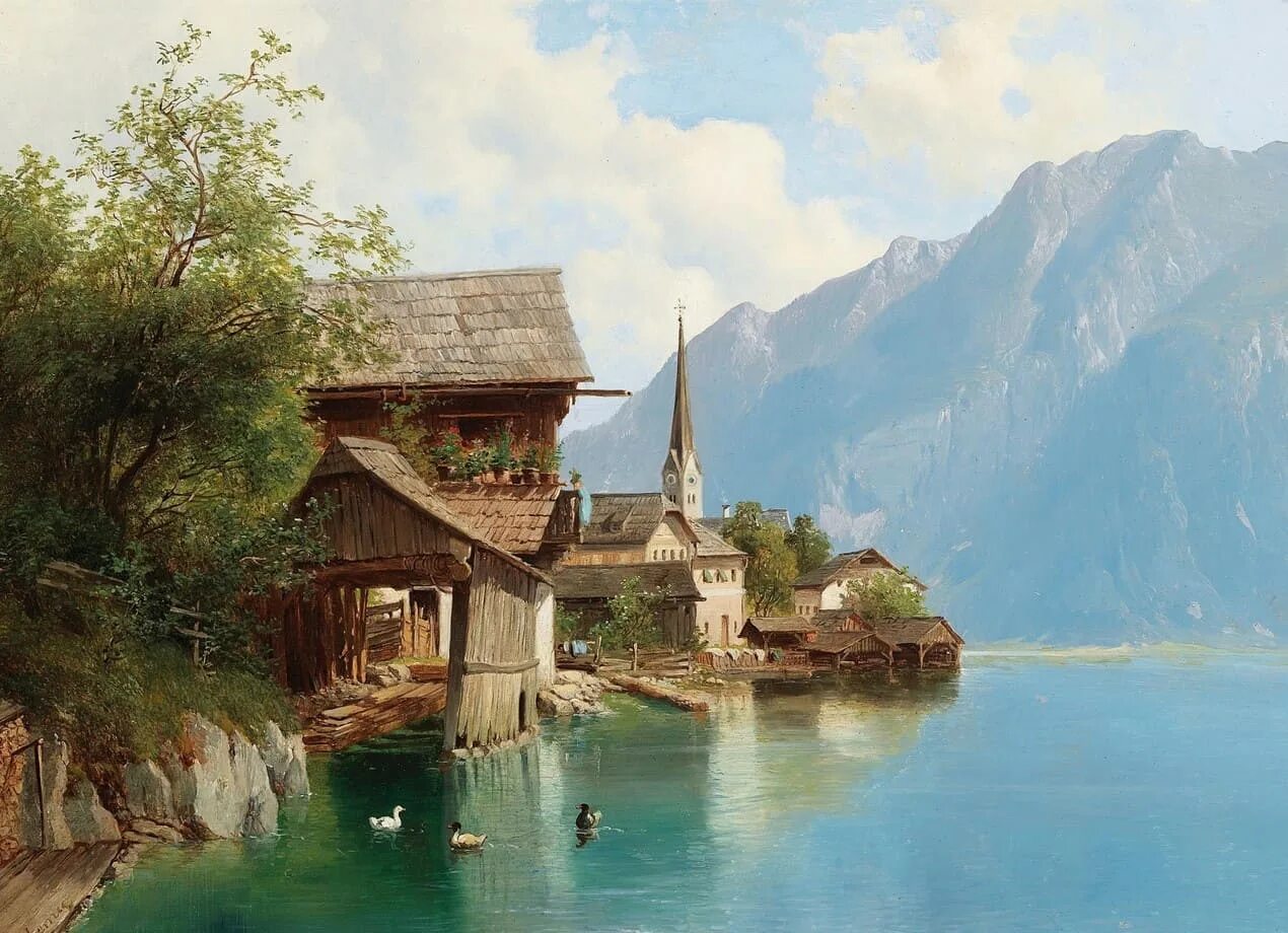 Картина тома. Том Йозеф дома на берегу горного озера. Тома Йозеф «горное озеро. Йозеф Томан картины художника-пейзажиста. Швейцария 18 век.