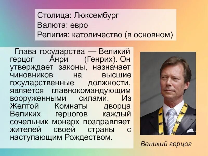 Глава государства является король. Люксембург глава государства Анри. Знаменитые люди Люксембурга герцог Анри. Анри (Великий герцог Люксембурга) образование. Глава государства – Великий герцог.