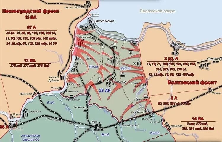 Карта прорыва блокады Ленинграда в 1943 году. Операция под ленинградом