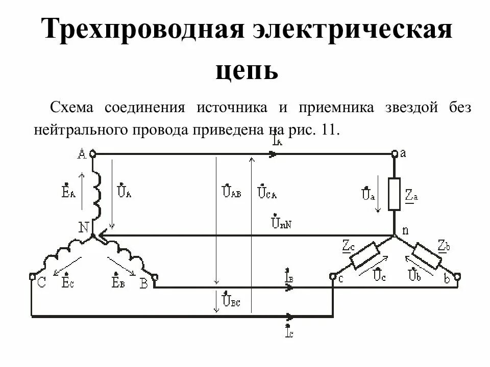 Соединение трехфазного потребителя звездой. Соединение приемников звездой трехпроводная схема. Трехпроводная схема трехфазной цепи. Трехпроводная трехфазная цепь звезда. Схема соединения трехфазных приемников звездой.