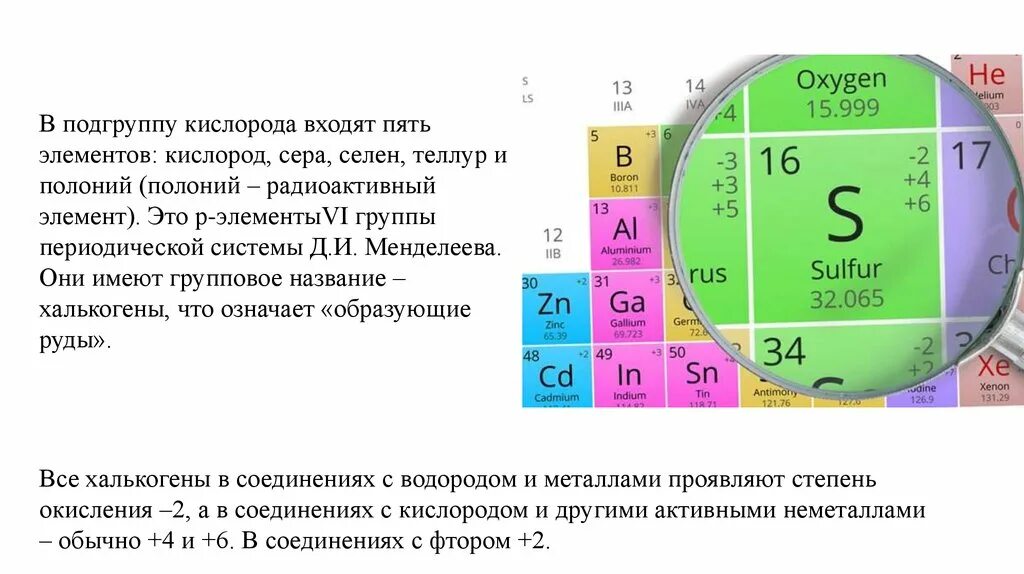 Селен и теллур. Кислород химический элемент. Элементы подгруппы кислорода. Характеристика элементов и их соединений подгруппы кислорода. Элементы подгруппы серы.