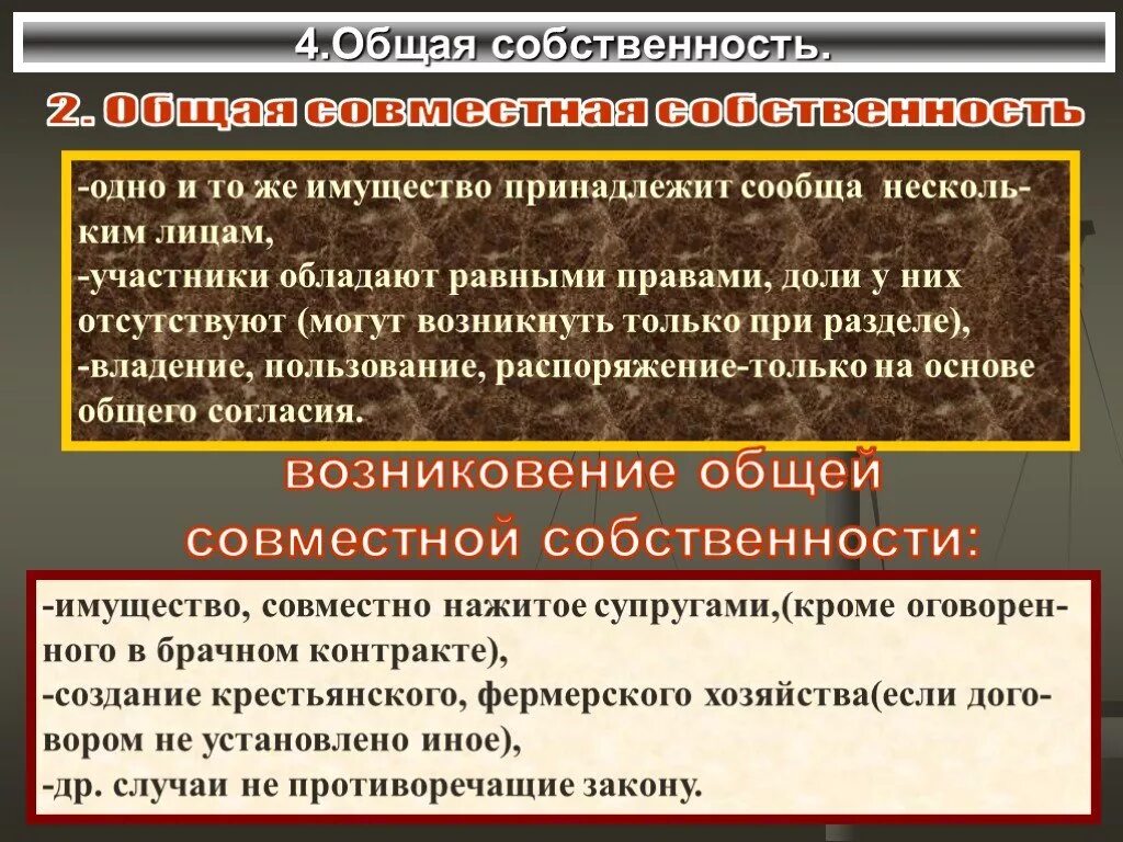 1 право общей совместной собственности. Общая совместная собственность. Формы общей собственности. Собственность презентация. Право собственности презентация.