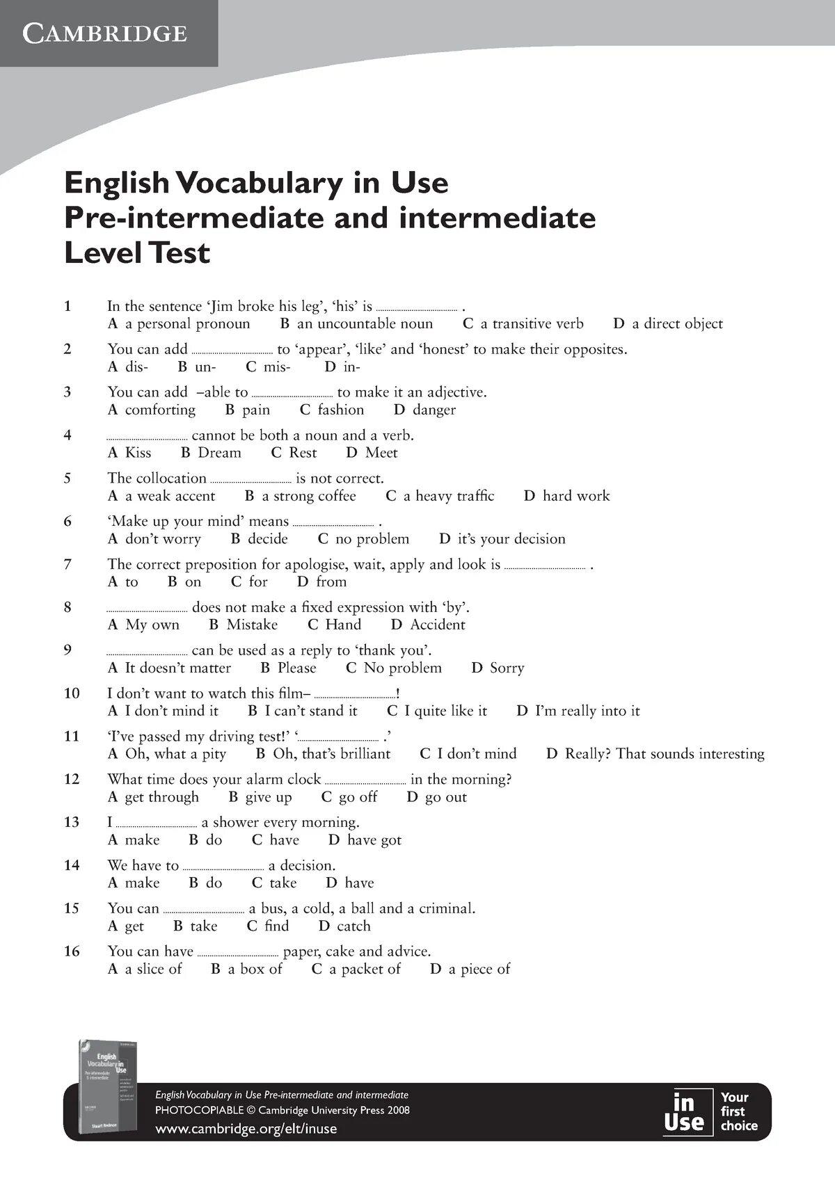 Level Test 1a Elementary ответы. English Grammar Test Intermediate. Английский язык Vocabulary Test pre Intermediate. Тест по английскому с Intermediate на Upper Intermediate. Test english go