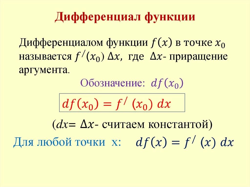 Найдите приращение функции f в точке. Формула нахождения дифференциала функции. Дифференциал возрастающей функции. Дифференциал функции в точке x0 формула. Как обозначается дифференциал функции.