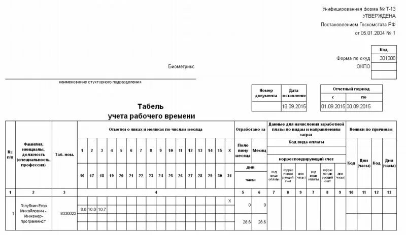 Табель учетного времени. Табель учетного времени