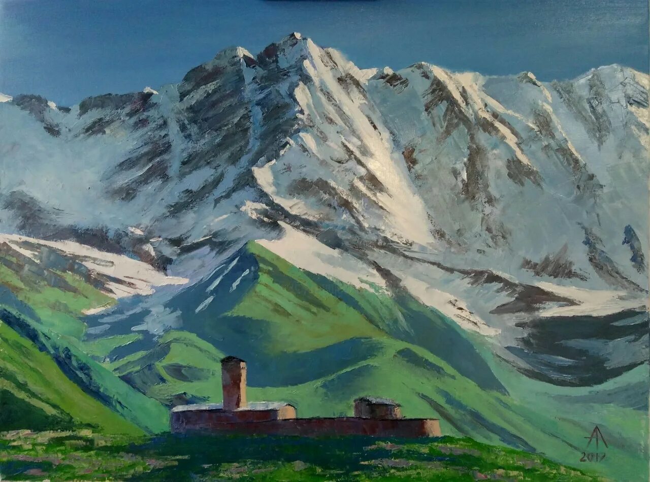 Грузи там. Гора Шхара холст. Горы Грузии живопись. Сванетия картина. Картина горы Сванетии Грузия.