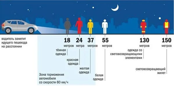 Тормозной путь автомобиля. Видимость пешехода в темное время суток. Зона видимости пешехода. Зона видимости.