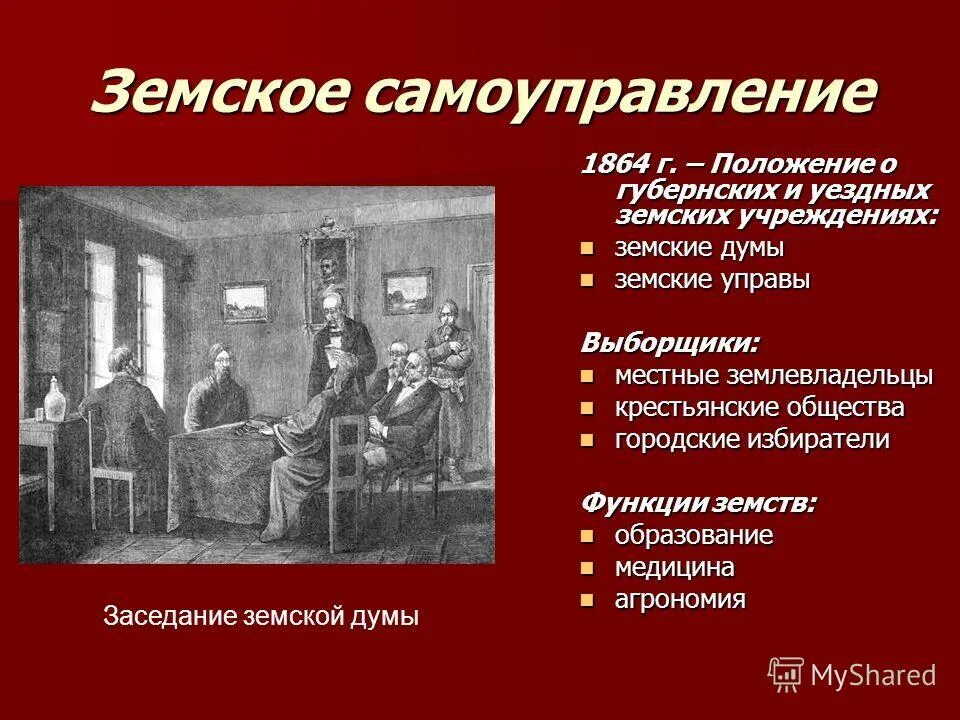 Город получивший самоуправление. Положение земской реформы 1864 г. Земские учреждения в России по реформе 1864.