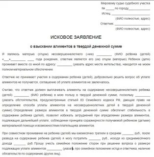 Исковое заявление о назначении алиментов в твердой денежной сумме образец