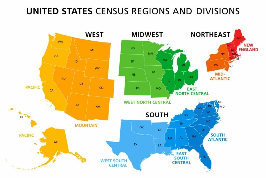 Хлопковый штат сша 7 букв. Разделение сша на регионы. united states census regions and divisions. east west сша. деление сша на регионы на карте.