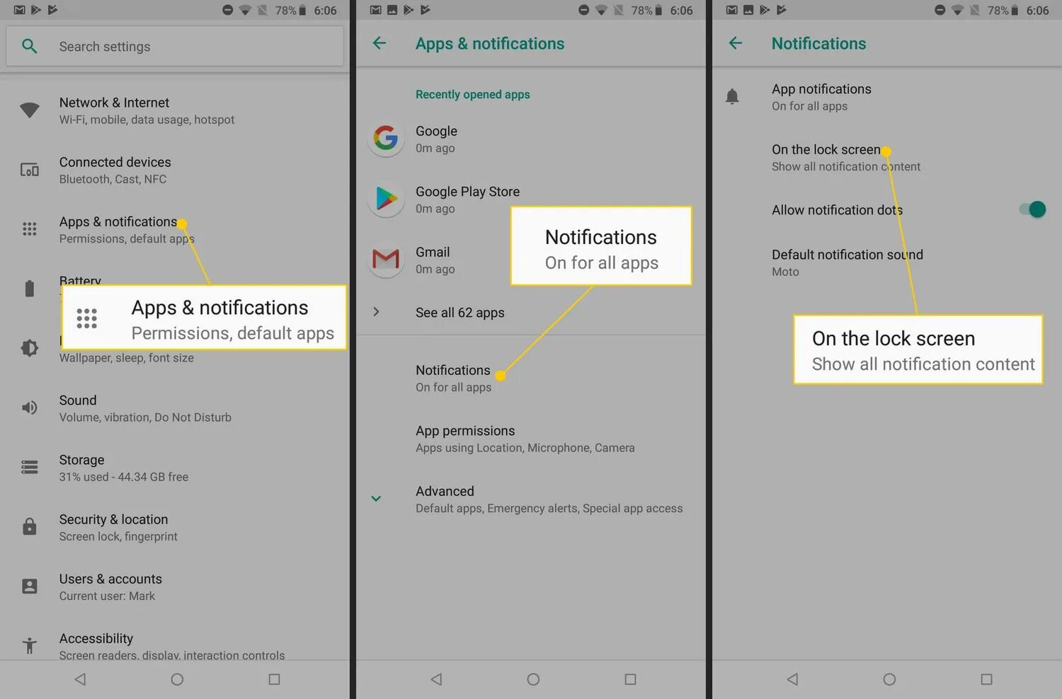 Setting content notifications. Android уведомление. уведомление от приложения. всплывающие подсказки android. settings &gt; apps &amp; notifications.