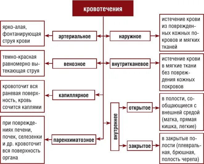 Таблица Тип кровотечения признаки. Наружные и внутренние кровотечения таблица. Характерные признаки различных видов наружного кровотечения;. Классификация кровотечений схема.