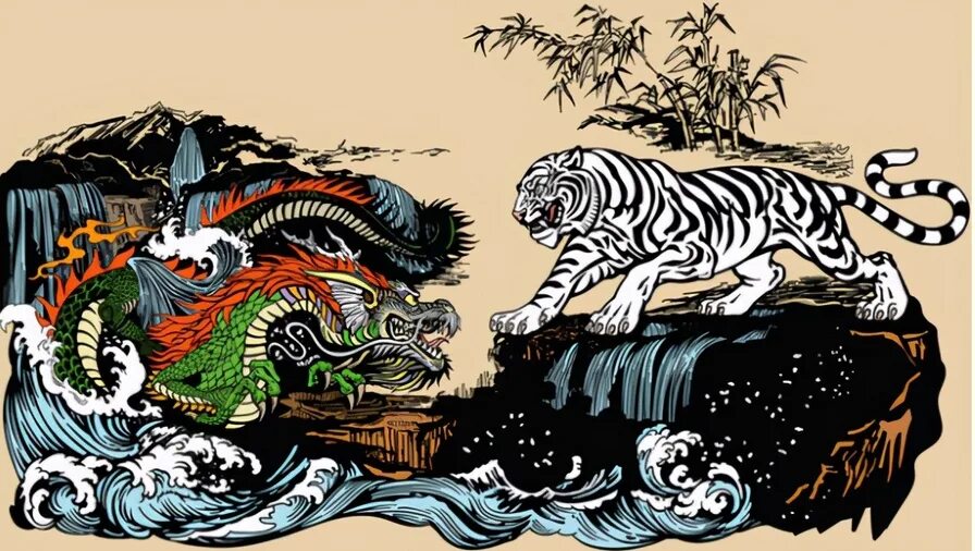 Год быка дракона. Тигр и дракон. Тигр и дракон картинки. Картина дракон и тигр. Китайские драконы сражаются с тигром.