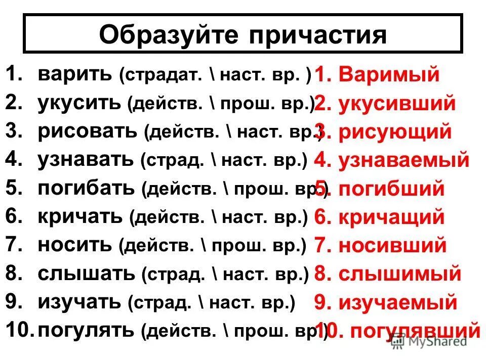 Нужны слова причастия. Причастия наст ВР. Страд Причастие наст ВР. 10 Причастий. Образовать страд прич наст ВР.