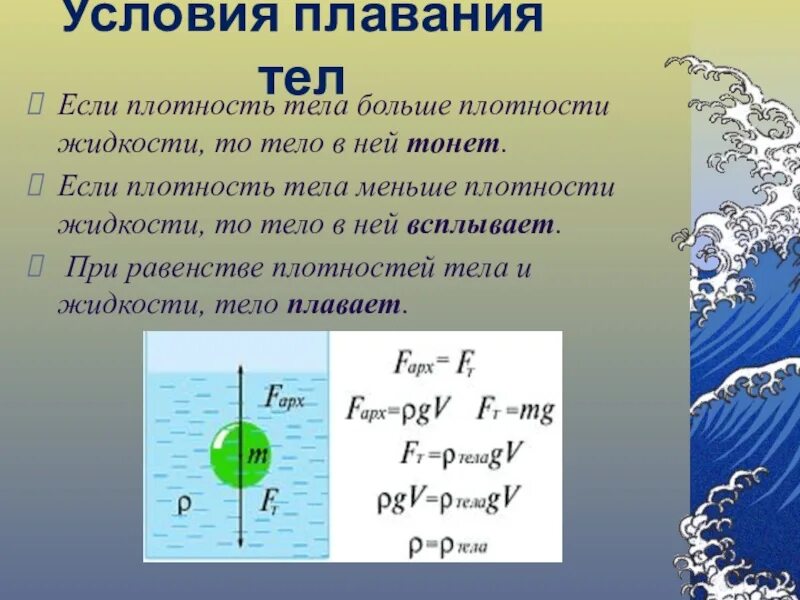 Тело некоторой плотности находится в жидкости. Условия плавания тел плотность. Плотность тела больше плотности жидкости. Если плотность тела меньше плотности жидкости то. Если плотность тела больше плотности жидкости то.