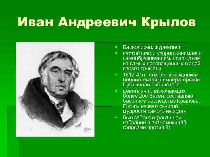 Слушать ивана андреевича крылова. Крылов баснописец. Интересные факты про Крылова.