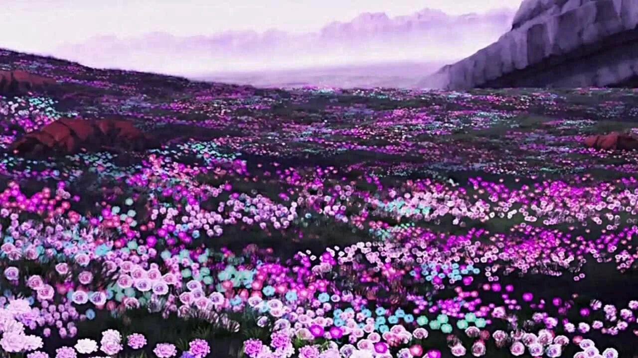 Фон цветы гача. Поляна с цветами арт. Поляна фиолетовых цветов.