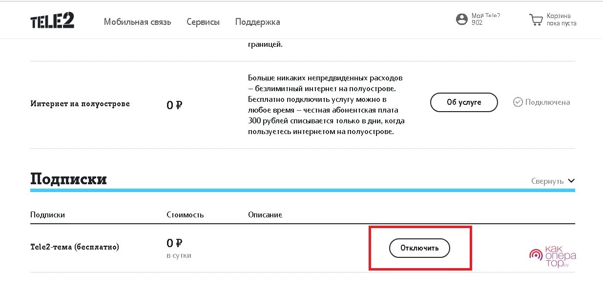 Услуги отключение подписки