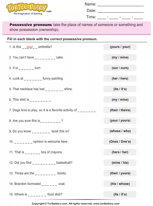 My mine your yours exercises