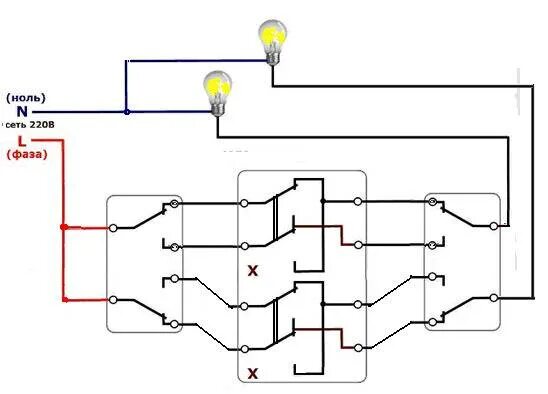 Три двухклавишных проходных выключателя. Перекрёстный выключатель схема подключения с 3 мест на три лампы. Схема подключения проходного выключателя с 3х мест на 2 клавиши. Схема подключения двухклавишного перекрестного выключателя с 3х мест. Схема переключателей двухклавишных с трех мест.