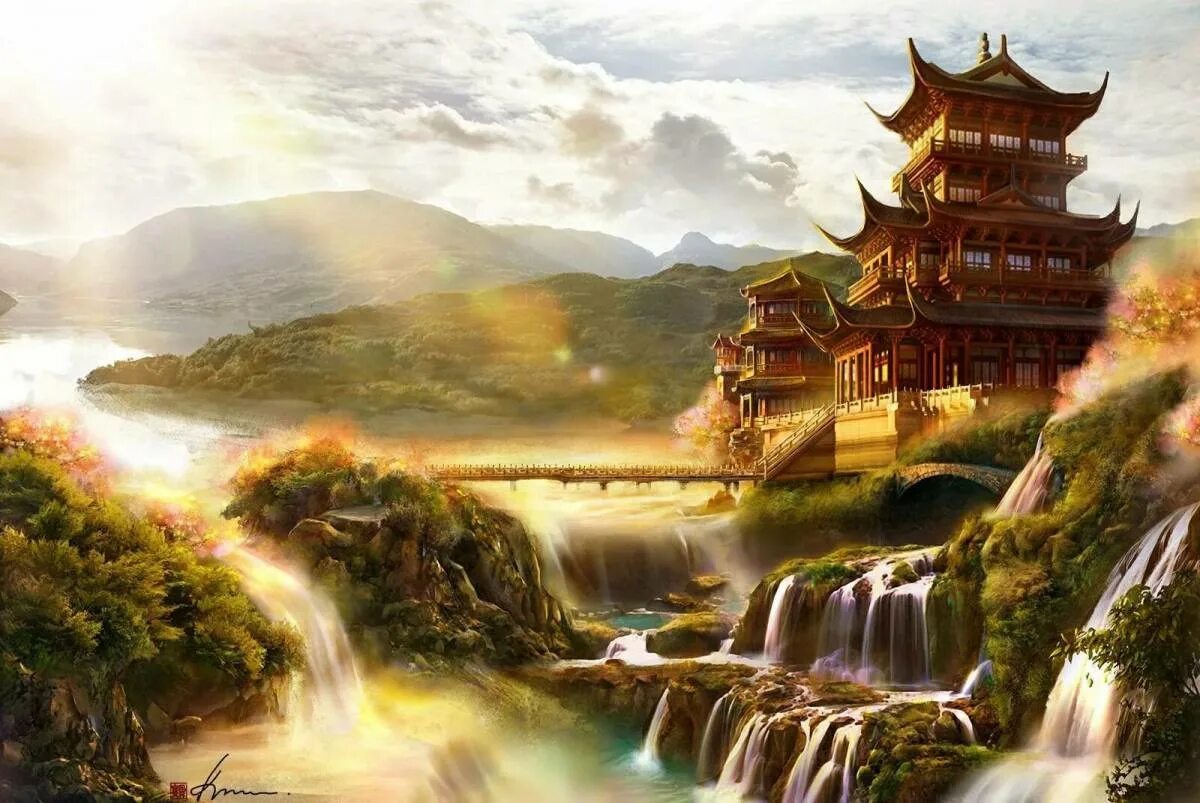 Чжан Кайцзи архитектура. Китай архитектура фэнтези. Китай пейзаж храм. Архитектура древний Китай арт фэнтези.