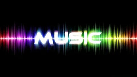 The word music in English on a black background with a multicolored wavefor...