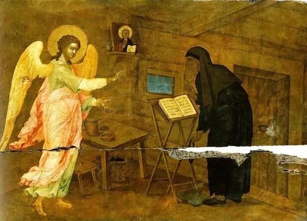 Святой который приходит. Икона Сретения 19 век в музее. Явление ангела. Монах и ангел. Монахи в живописи.