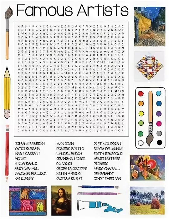 Art exercises. Art Wordsearch. Wordsearch artists. Famous artists Worksheets. Kinds of Art Worksheets.