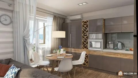 Бежево серая кухня гостиная