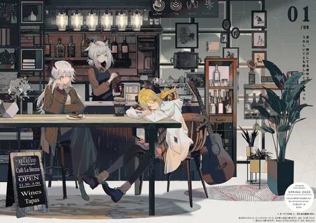 chair. coffee. donuts. cafe. cake. frame. saria (arknights). social gatheri...