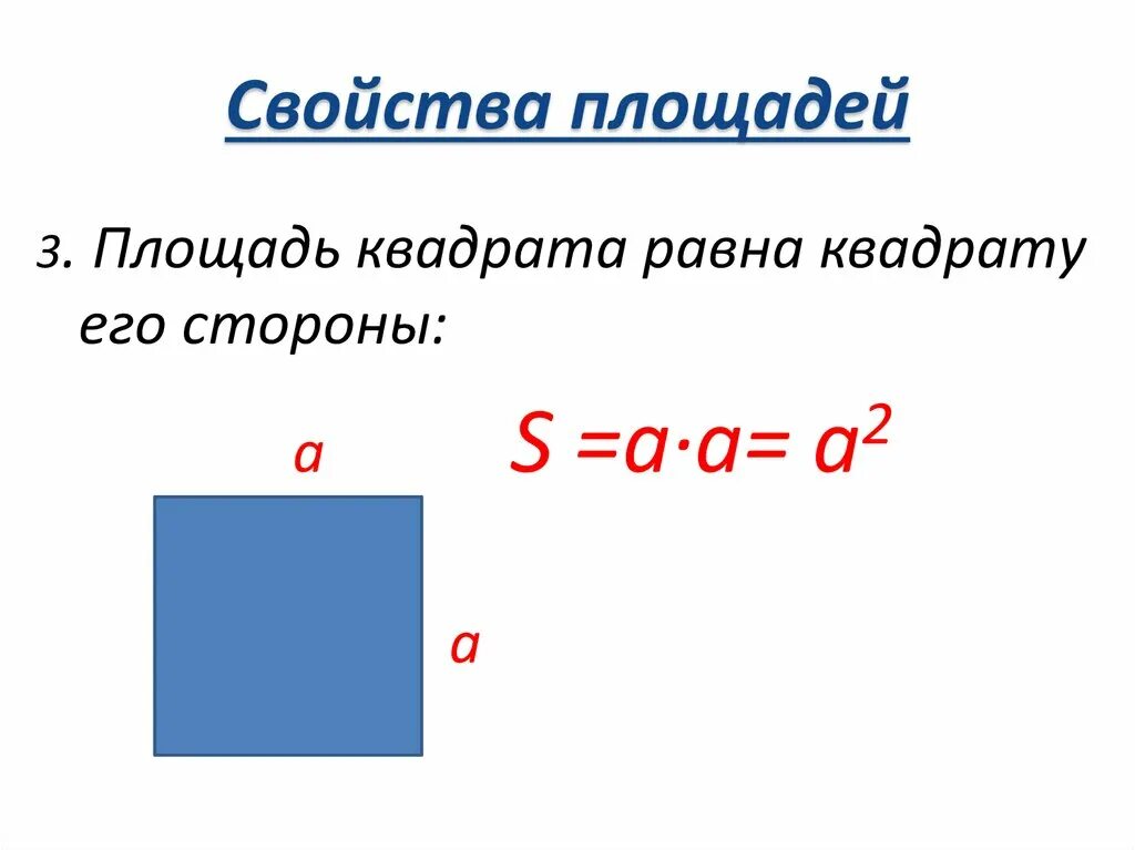 Какова площадь квадрата. Площадь квадрата. Свойства площадей площадь квадрата. Площадь квадрата равна квадрату его стороны. Площадь квадрата формула.