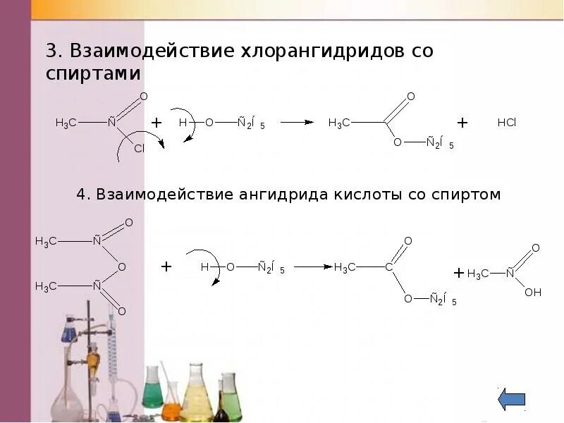 Хлорангидриды карбоновых кислот со спиртами. Реакция ангидридов карбоновых кислот со спиртами. Ангидриды карбоновых кислот со спиртами.