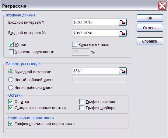 Диалоговое окно регрессия. Выходной интервал в регрессии. Входной интервал должен. График остатков регрессии. Параметр data