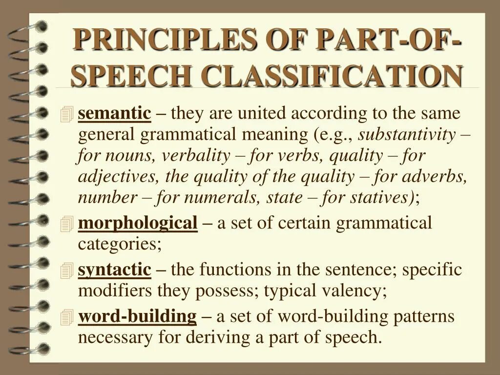 Speech meaning. Parts of Speech classification. Part-of-Speech characteristics. Notional and Structural Parts of Speech.. Theory of Parts of Speech..