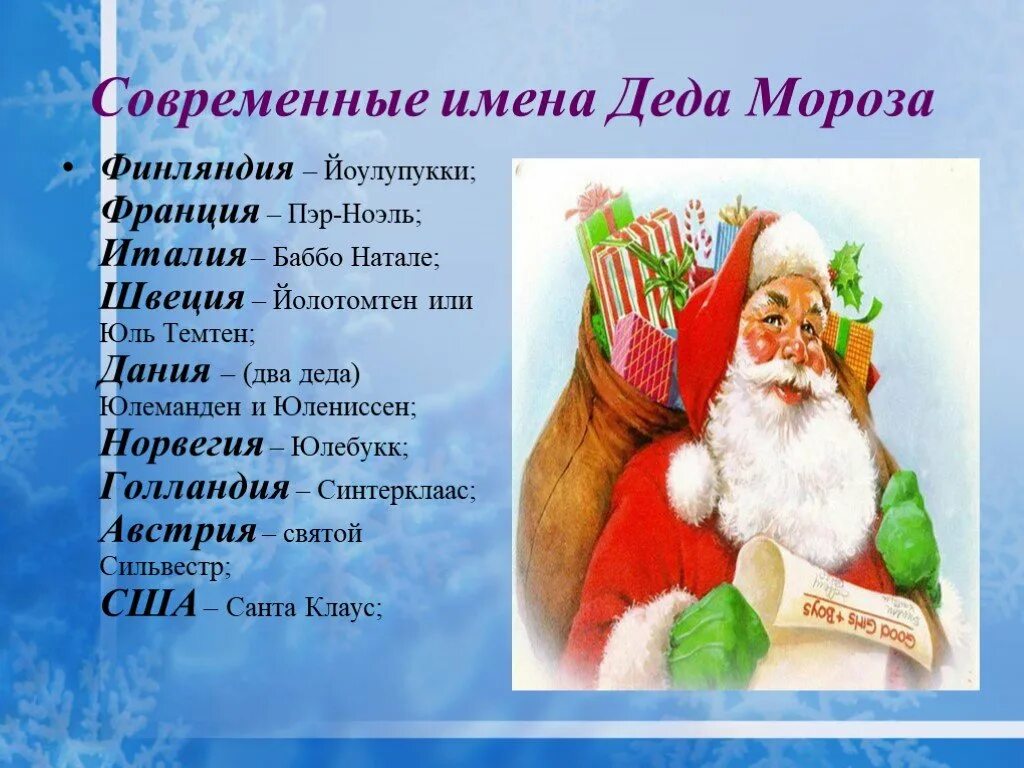 Имя Деда Мороза. Название дед Морозов. Дед Морозы разных стран названия. Йоулупукки, пер- Ноэль, Баббо Натале. Клички дед