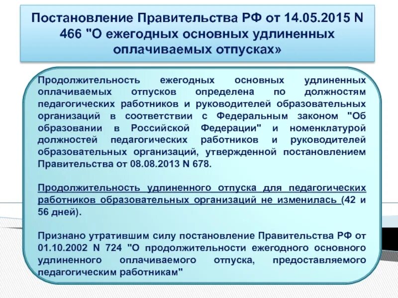 Удлиненный отпуск предоставляется. Постановление правительства РФ N 466. 466 О ежегодных основных удлиненных оплачиваемых отпусках. Ежегодный удлиненный оплачиваемый отпуск педагогам. Отпуск педагогических работников.