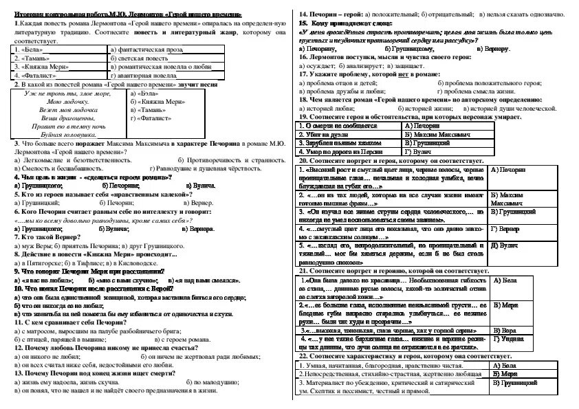 Тест по герою нашего времени 2 варианта